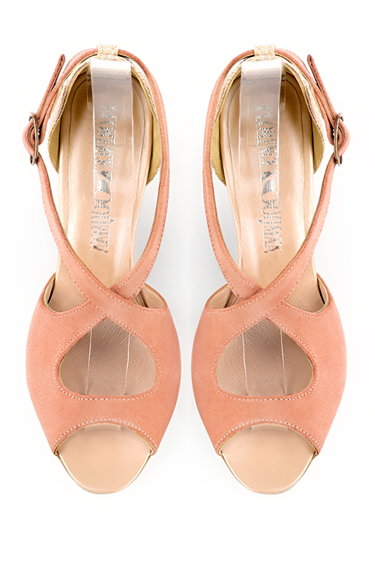 Peach orange and powder pink women's closed back sandals, with crossed straps. Round toe. High kitten heels. Top view - Florence KOOIJMAN